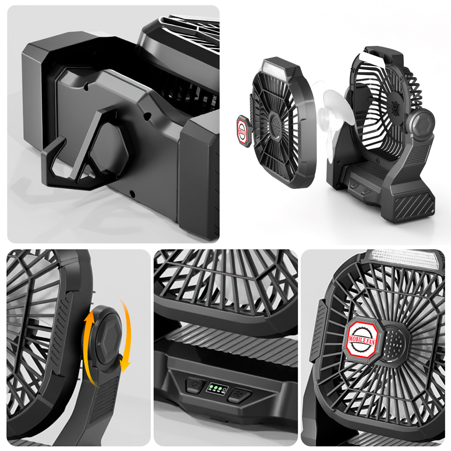 Ventilatore P18 con motore senza spazzole, LED con 4 luci, 4 velocità, 3 livelli di luce. Angolo regolabile di 90º, gancio per appendere e powerbank da 5200 mAh.