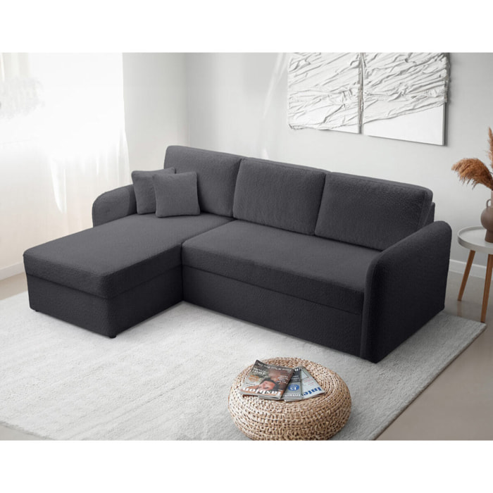 Pocatello - canapé d'angle réversible 4 places - convertible avec coffre - en tissu bouclette - Gris foncé