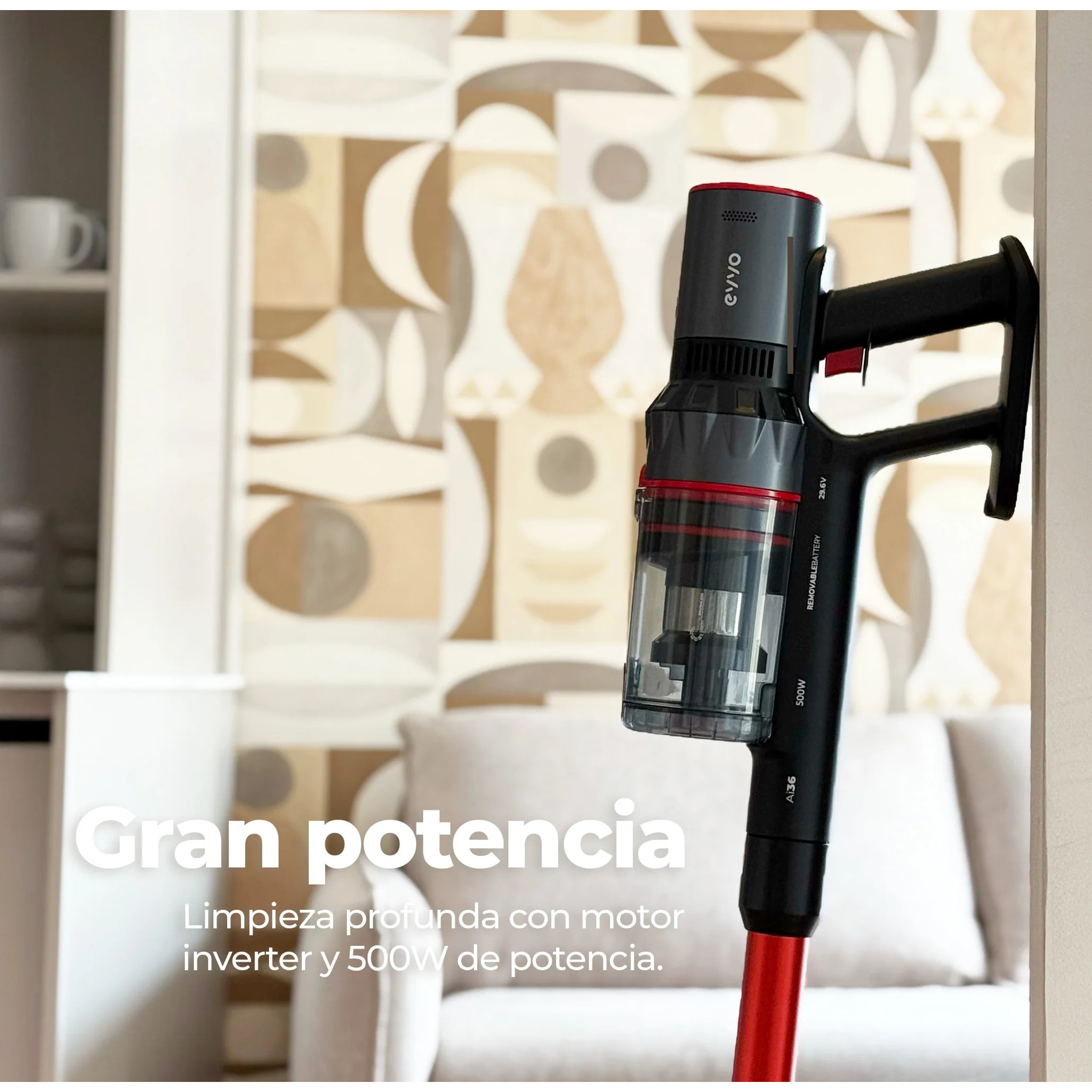 Aspirador sin cable Evvo Ai36, 70 minutos de autonomia, 500 W, 2500 mAh, 3 modos