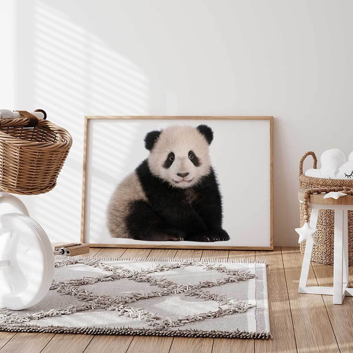 Affiche enfant bébé panda  Affiche + cadre en bois - Chêne