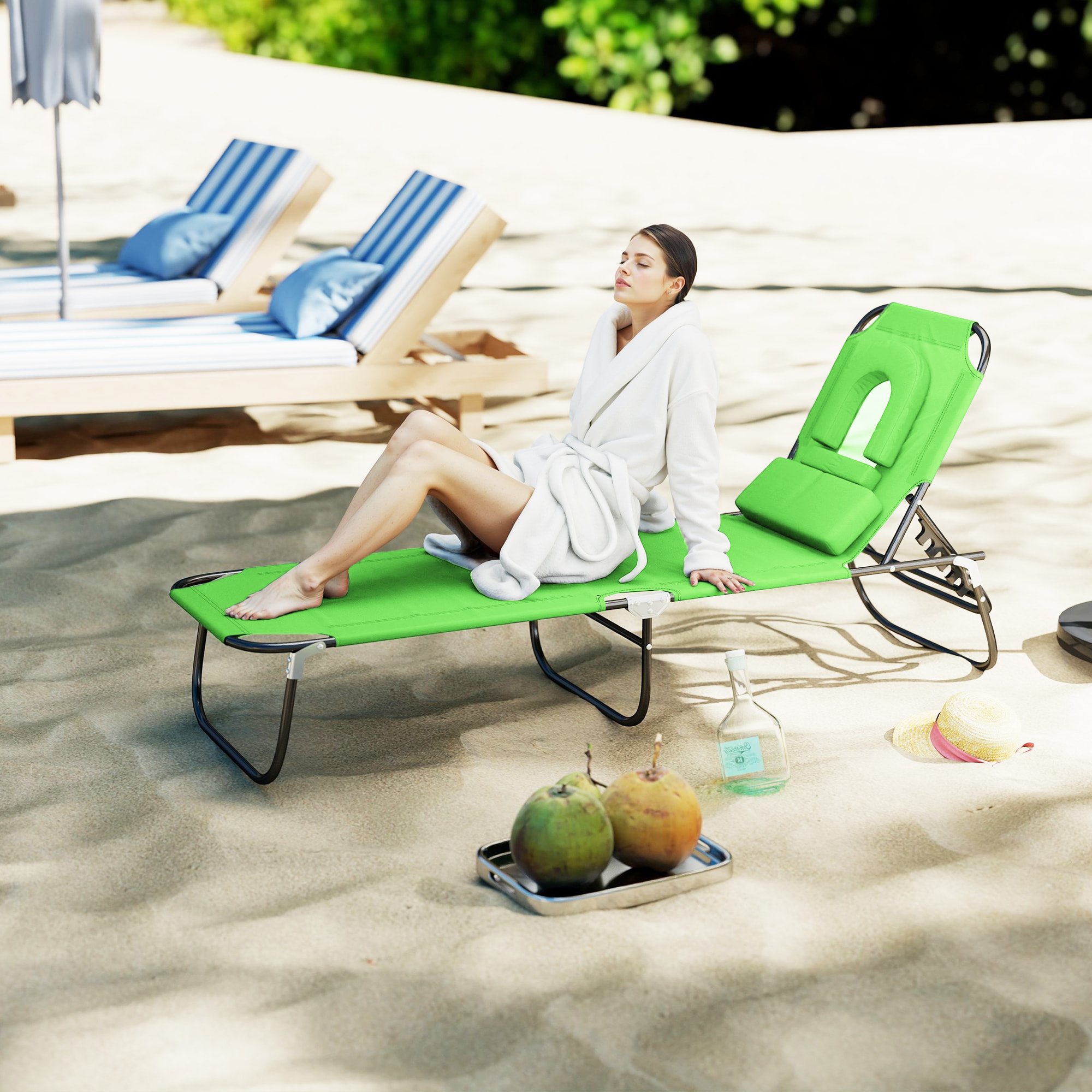 Outsunny Tumbona Plegable con Respaldo Regulable en 4 Posiciones Tumbona de Jardín con Orificio de Lectura Almohada Marco Metálico y Tela Oxford para Playa Terraza Carga 120 kg 190x56x28 cm Verde