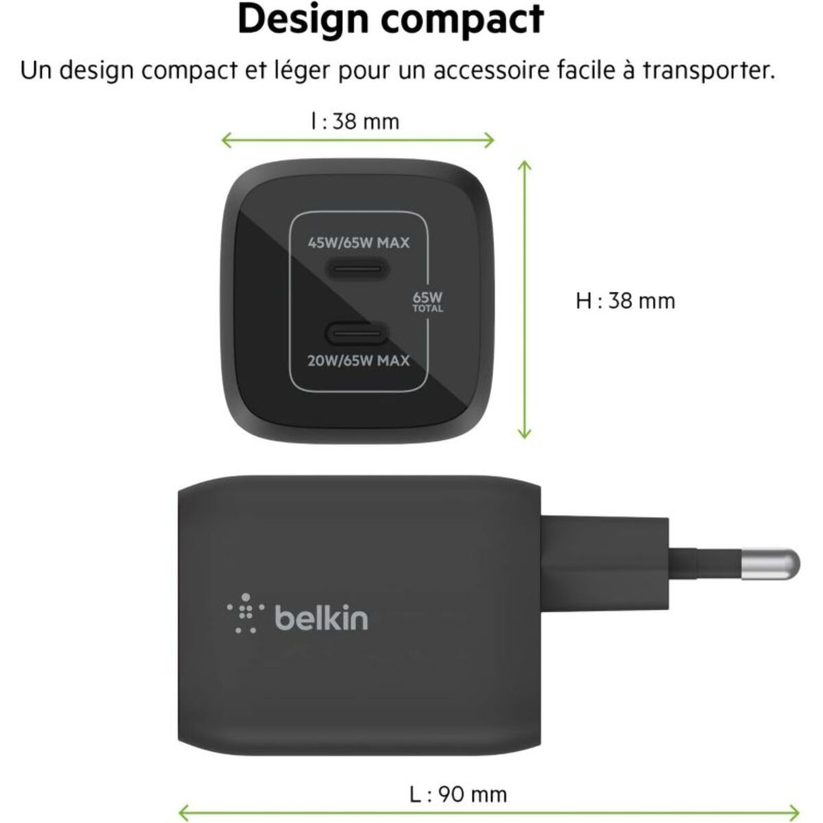 Chargeur BELKIN USB C x2 65W GaN PPS Noir