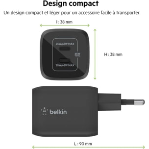 Chargeur BELKIN USB C x2 65W GaN PPS Noir