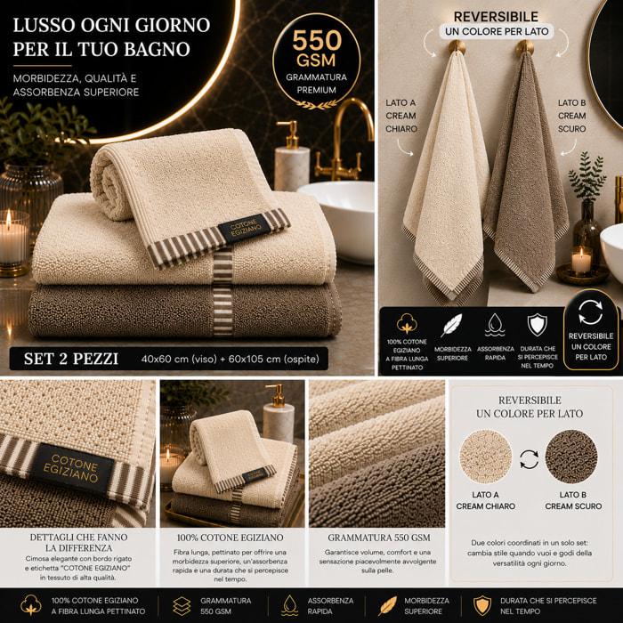 COTONE EGIZIANO Coppia asciugamani Reverse in cotone egiziano 550 gr_Cream