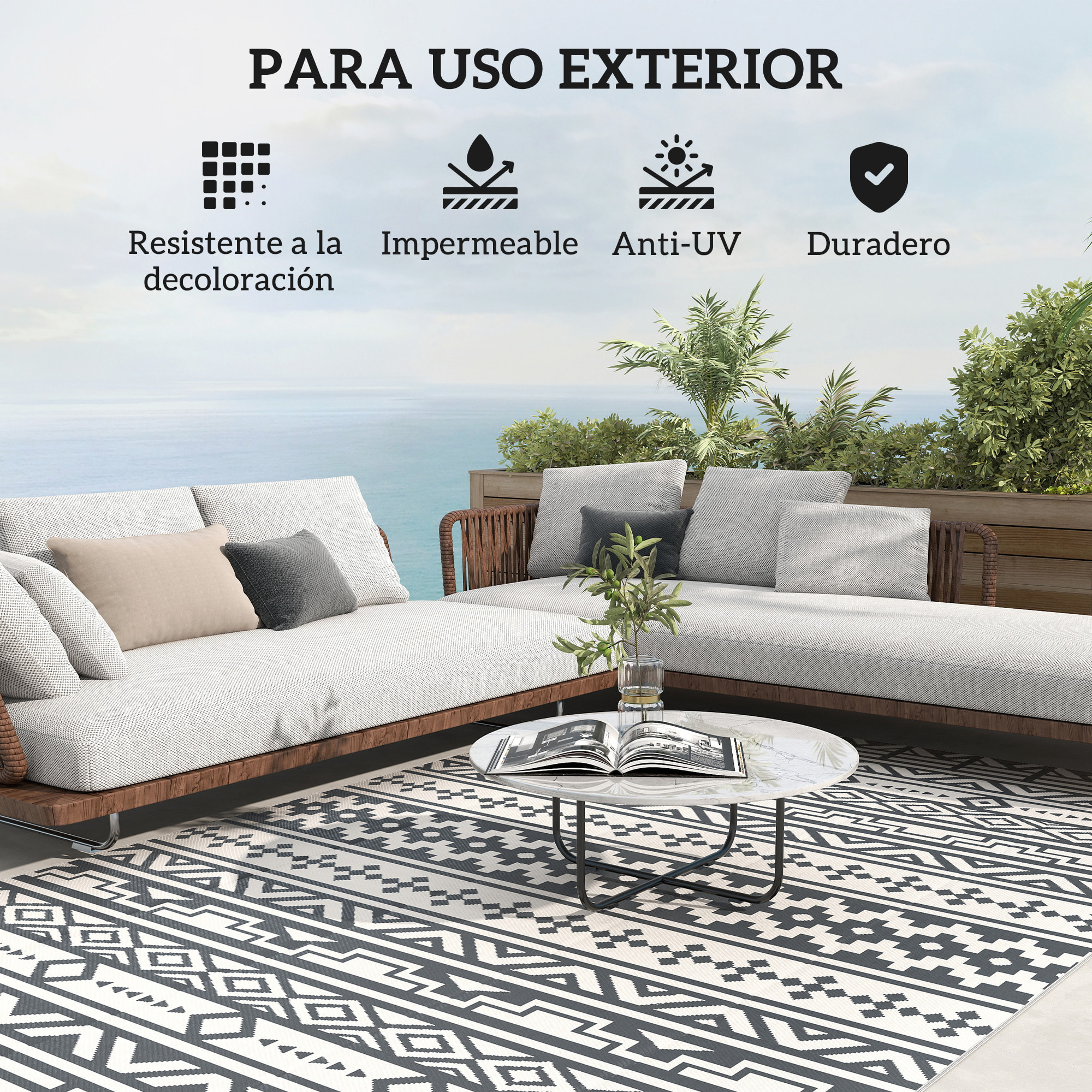 Alfombra de Exterior 182x274 cm Alfombra Reversible con Patrón de Geométrico de Cenefa Impermeable Bolsa de Transporte para Terraza Balcón Patio Camping Playa Gris Oscuro