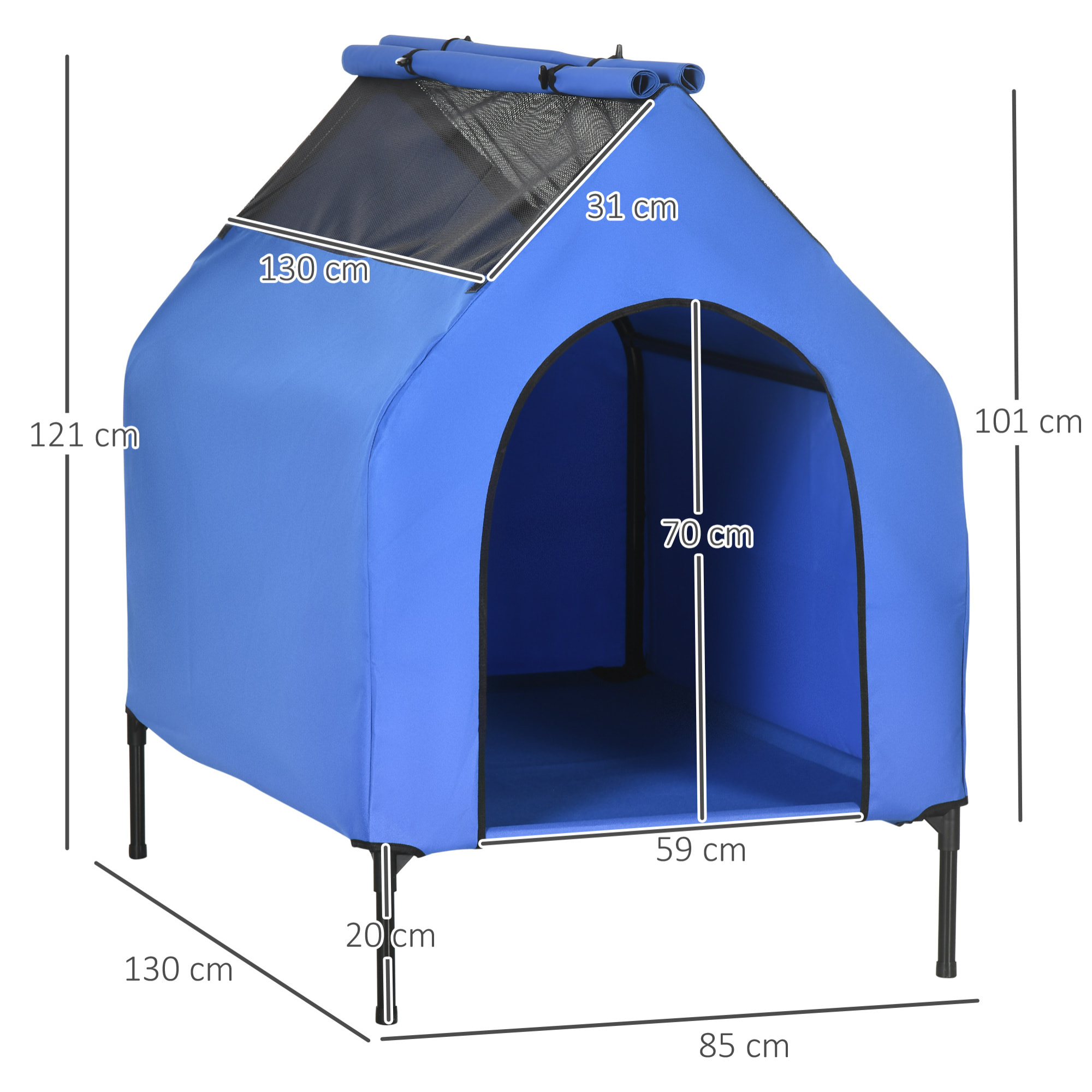 Caseta para Perros 130x85x121 cm Cama Elevada para Mascotas con Cubierta Desmontable y Ventanas de Malla para Perros Grandes y Extra Grandes Azul