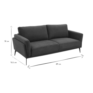 Canapé design 3 places en tissu effet velours texturé bleu foncé et métal noir MOSCO