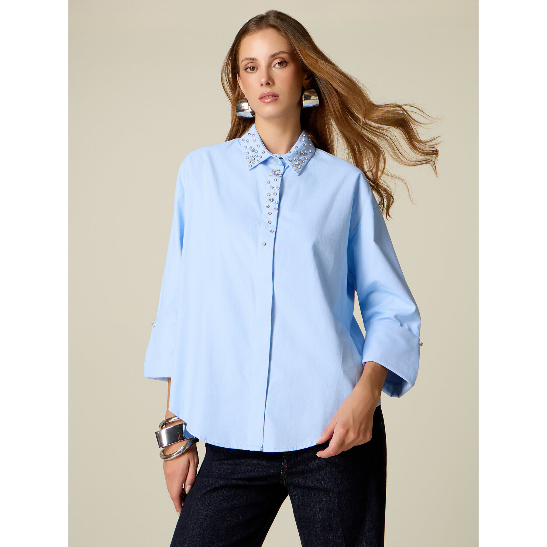 Oltre - Camisa con engarces de cristal - Light - blue