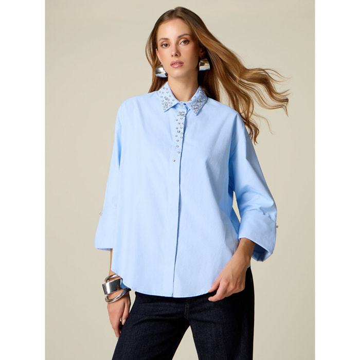 Oltre - Camisa con engarces de cristal - Light - blue