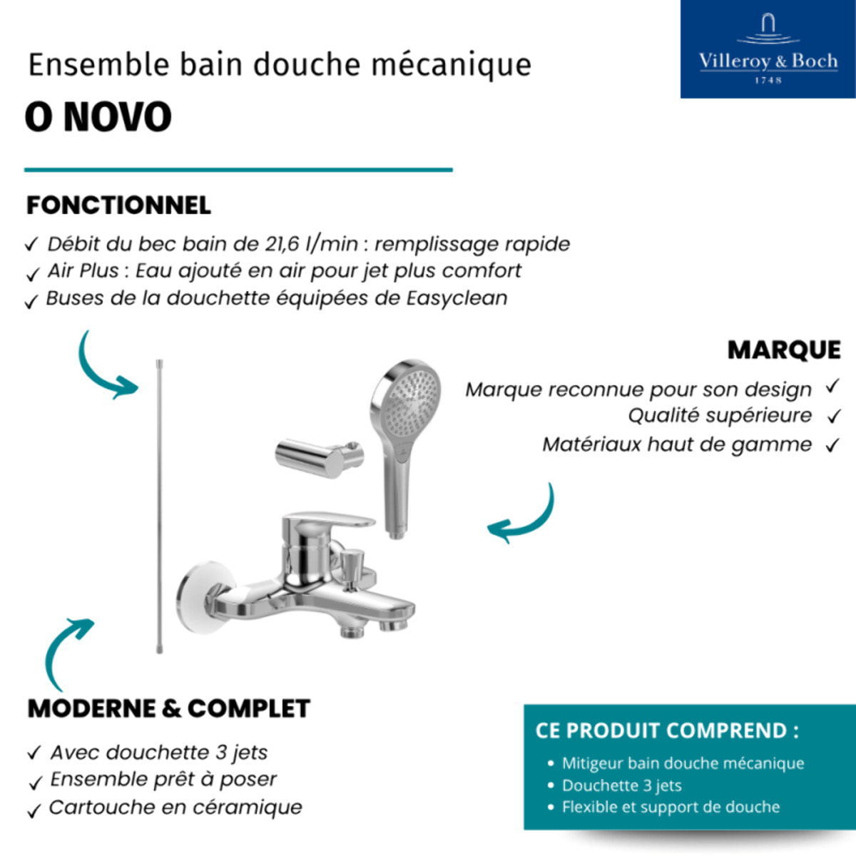 Ensemble bain douche mécanique O novo avec douchette 3 jets et support