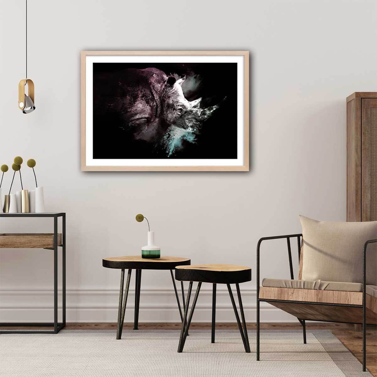 Affiche wild explosion rhinoceros Affiche + cadre en bois - Chêne