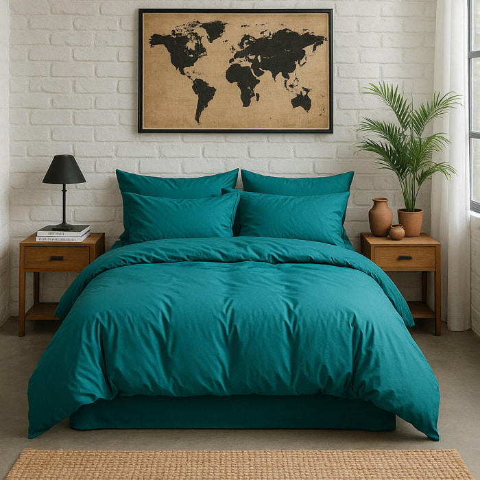 Housse de couette 100% percale de coton lavé bleu canard