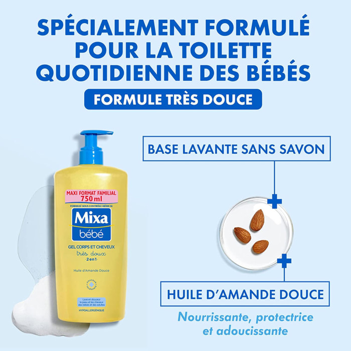 Lot de 6 - Mixa Bébé Gel très doux 2 en 1 corps et cheveux 750ml