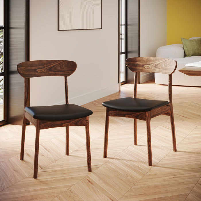Lot de 2 chaises en cuir synthétique noir et bois foncé - Lana