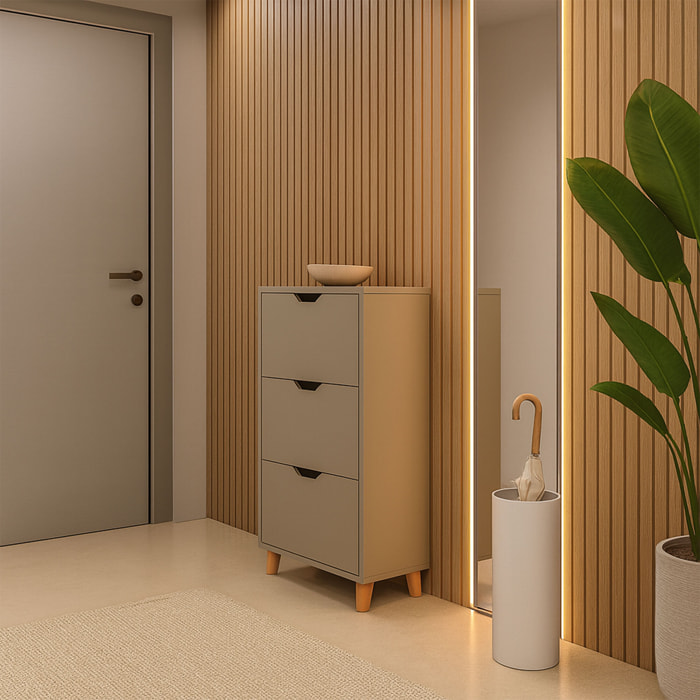 Plana - Scarpiera Salvaspazio 3 Ante 55x116x25 cm 18 Paia in Legno Tortora