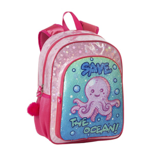 Mochila primaria Pulpito Save The Ocean. Adaptable a carro, con lentejuelas reversibles y accesorio pom-pom.