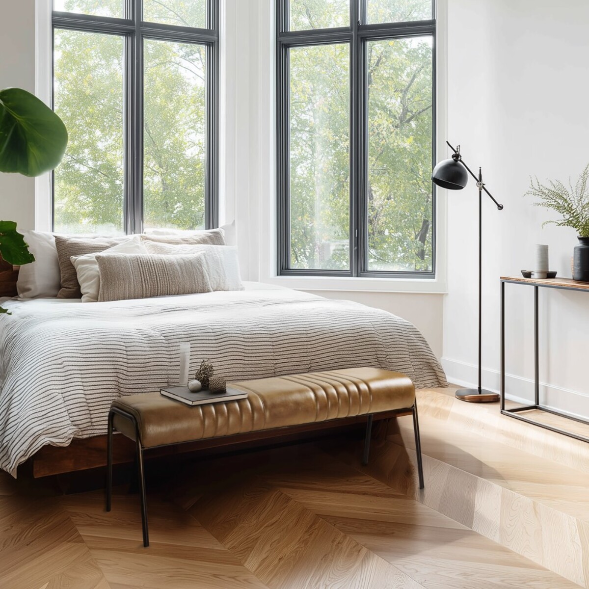 MARCEL - Banc matelassé en cuir marron et pieds acier