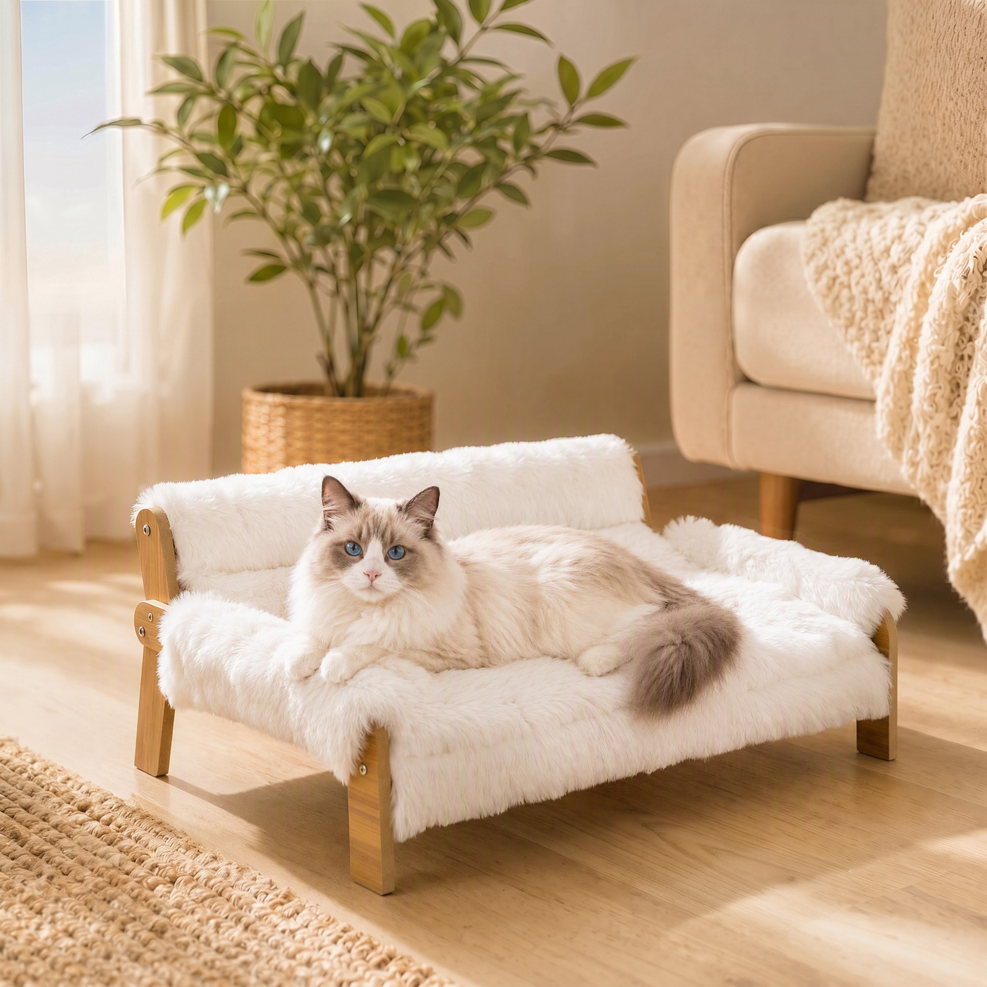 Canapé chien style nordique bois fourrure 70L x 47l x 30H cm