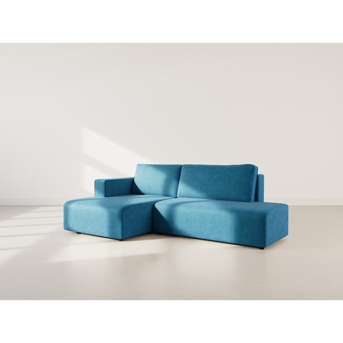 Topaze - canapé d'angle gauche 4 places convertible avec coffre en velours côtelé - Bleu