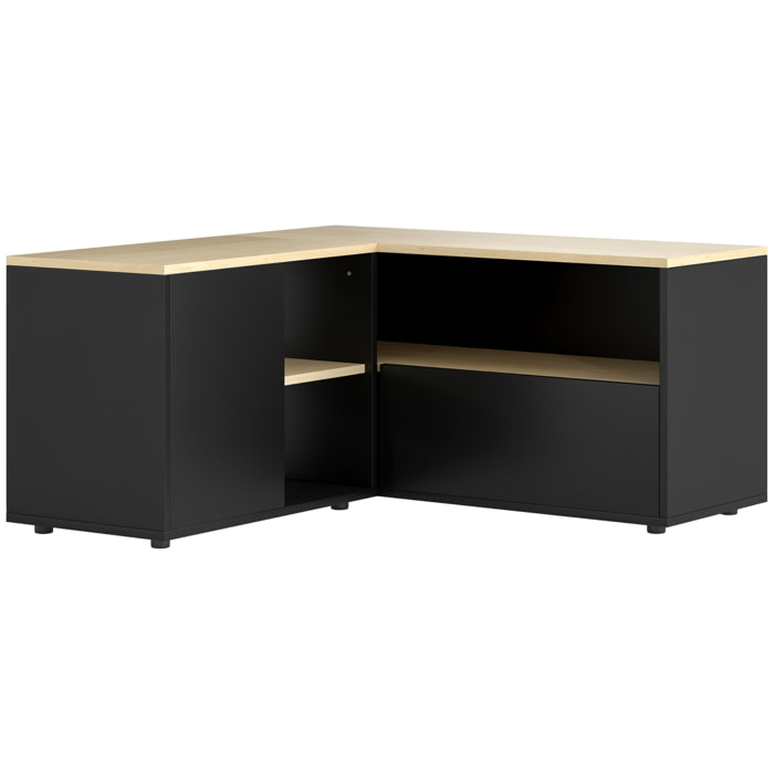 Meuble TV d'angle banc TV en L 2 portes 3 niches panneaux aspect bois chêne clair noir