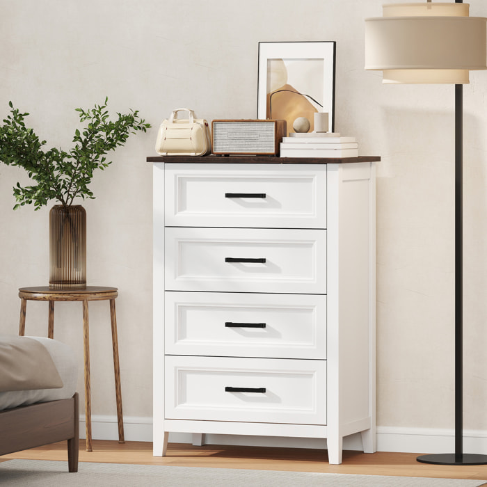 Cómoda 4 Cajones, Cómoda Dormitorio Estrecho y Alto con Encimera Efecto Madera, Cajonera para Espacios Pequeños, Salón, Oficina, 60x35x87 cm, Blanco