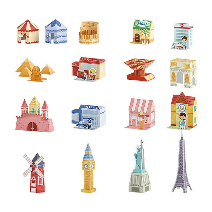 Kit manualidades 3D papel origami. Figuras de edificios.