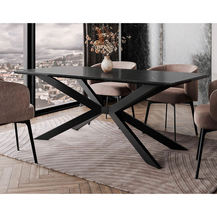 Casey - table à manger - plateau effet marbre - pieds en métal - 4 à 8 personnes - Noir