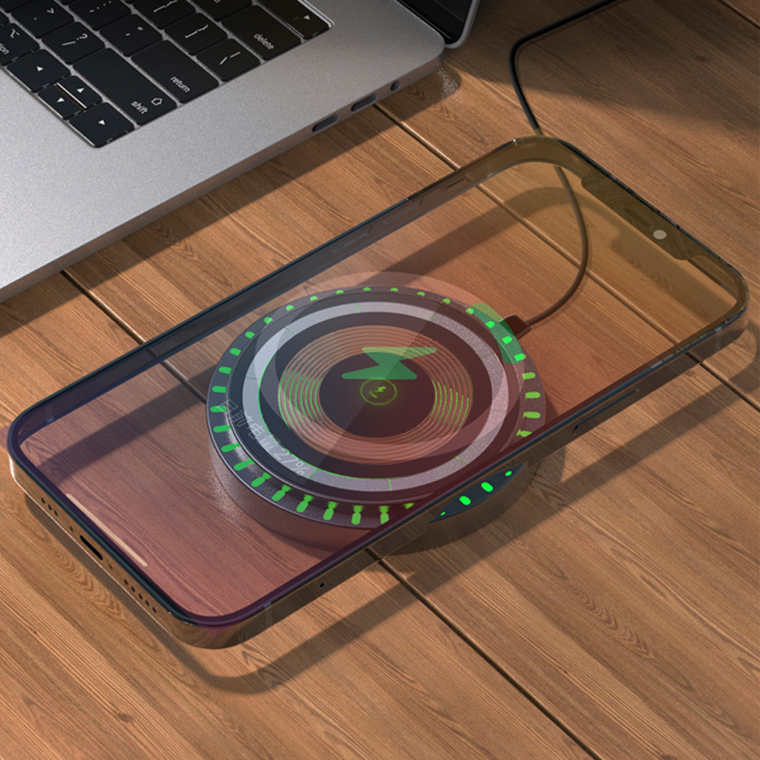 Caricatore per auto Magsafe da 15 W con luci LED ambientali. Per presa d'aria, rimovibile per utilizzo da tavolo.