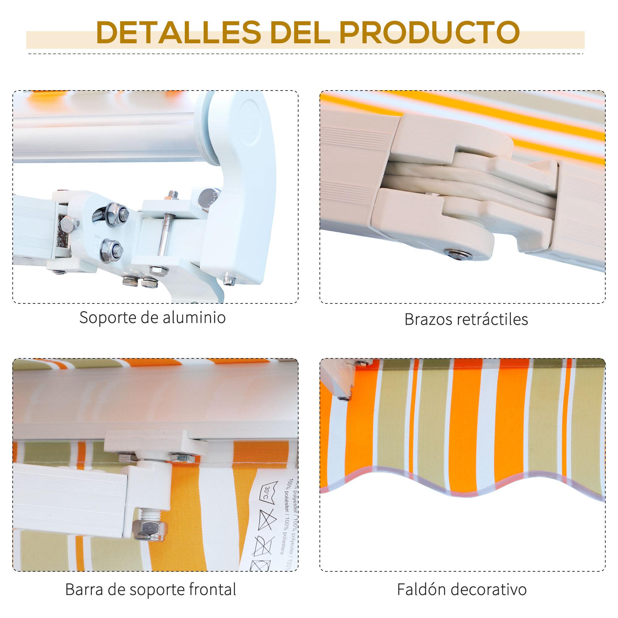 Toldo Retráctil con Manivela de PU 3x2,5m Naranja Blanco