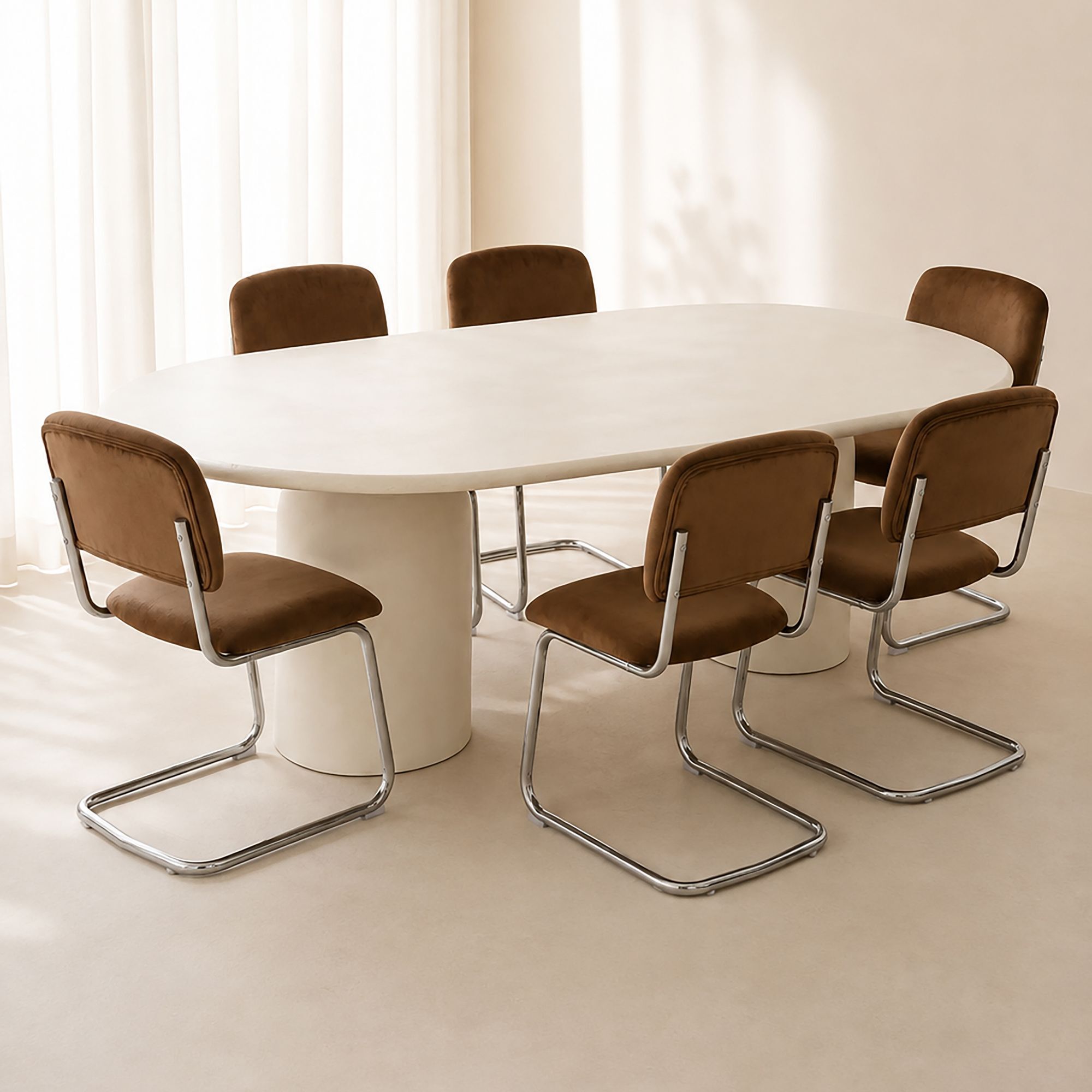Ensemble table ovale 220cm et 6 chaises en tissu tabac FELINE