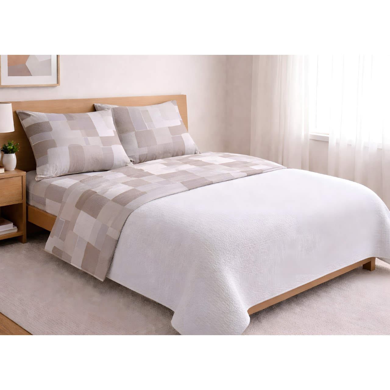 Completo Lenzuola 100% Cotone Made in Italy Fantasia Geometrica Disegno Brick Beige