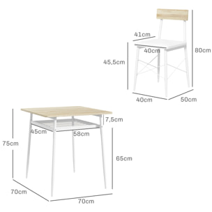 Conjunto de Mesa y Sillas de Comedor de 3 Piezas Mesa de Cocina con 2 Sillas sin Brazos Mesa Rectangular con Estante Abierto Estructura de Acero Blanco y Roble