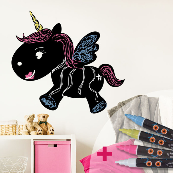 Sticker ardoise tableau noir - stickers muraux adhésif effaçable - LICORNE BÉBÉ + 4 CRAIES LIQUIDES