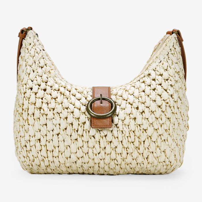 Bolso de rafia beige con solapa y hebilla