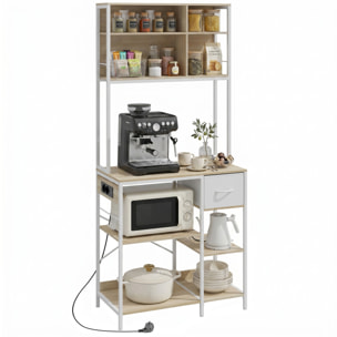 Estantería de Cocina con Enchufes y Puertos USB, Mueble Auxiliar de Cocina, Soporte de Microondas, 8 Estantes, 6 Ganchos, Cajón de Tela, para Espacios Reducidos, 80x40x181 cm, Roble