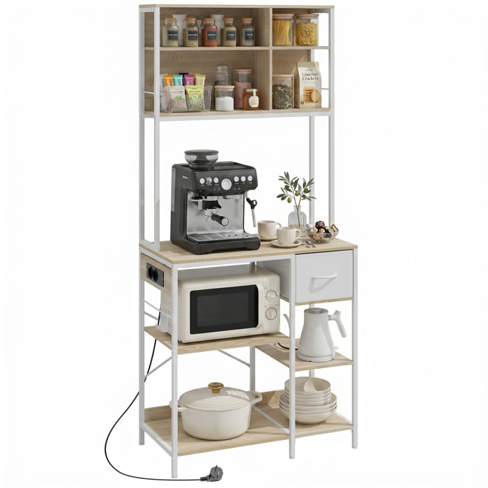 Estantería de Cocina con Enchufes y Puertos USB, Mueble Auxiliar de Cocina, Soporte de Microondas, 8 Estantes, 6 Ganchos, Cajón de Tela, para Espacios Reducidos, 80x40x181 cm, Roble