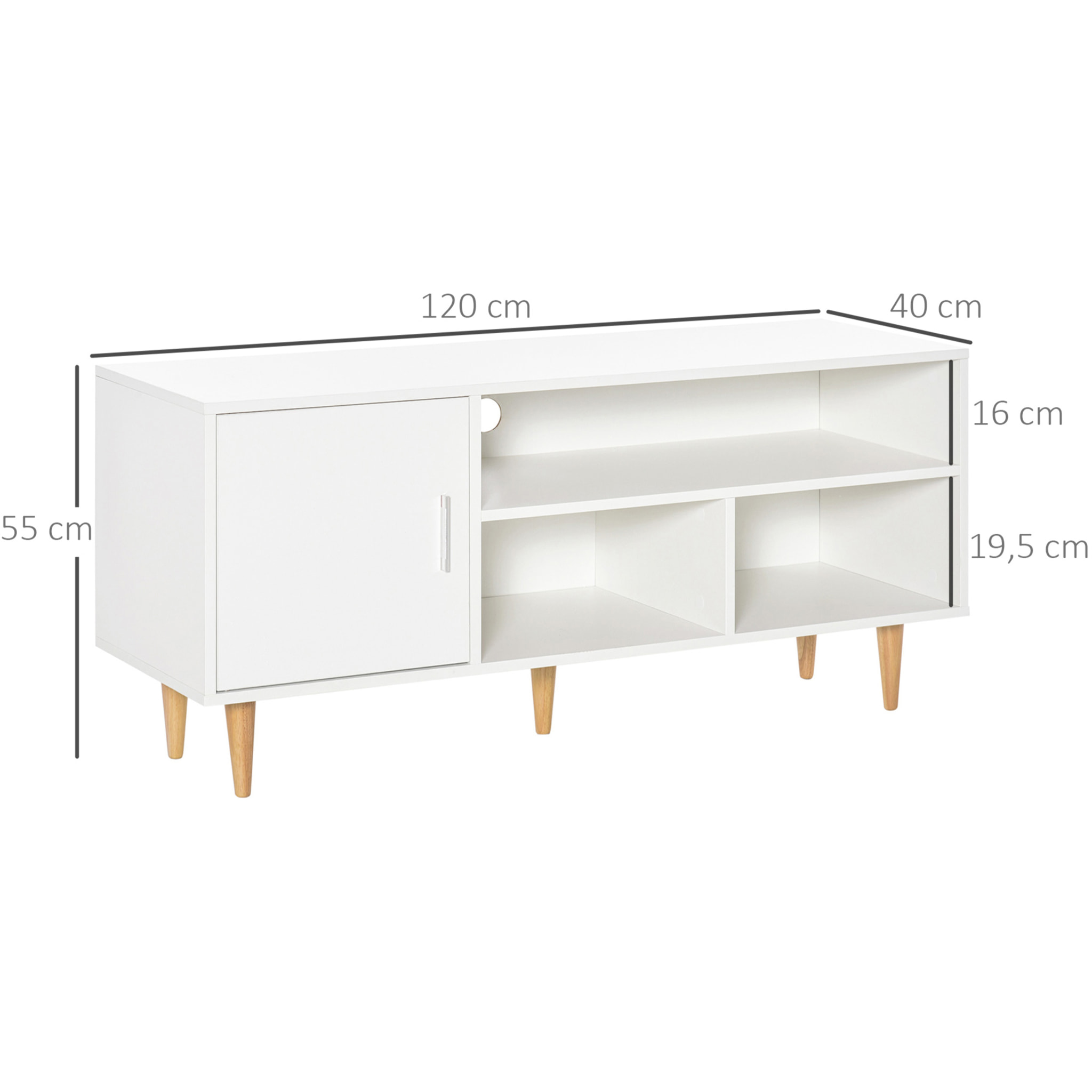 HOMCOM Mueble de TV para Televisores de hasta 60" Mesa para TV de Salón Comedor Moderna con Armario y 3 Compartimentos 120x40x55 cm Blanco