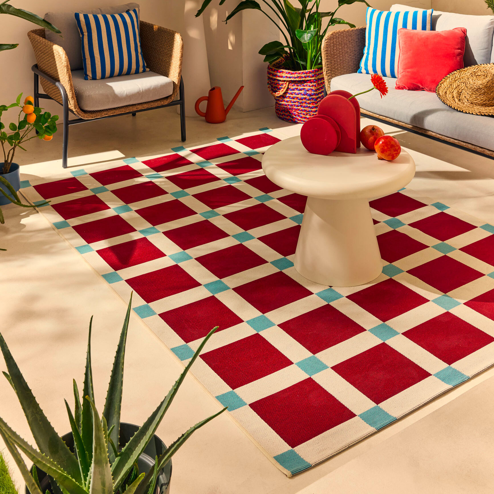 POSITANO - Tapis intérieur/extérieur à motif damier bordeaux