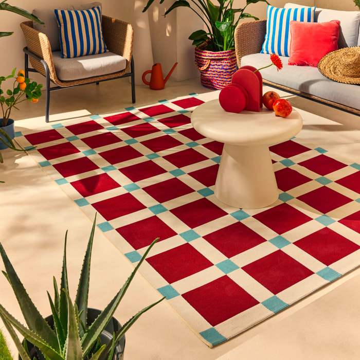 POSITANO - Tapis intérieur/extérieur à motif damier bordeaux