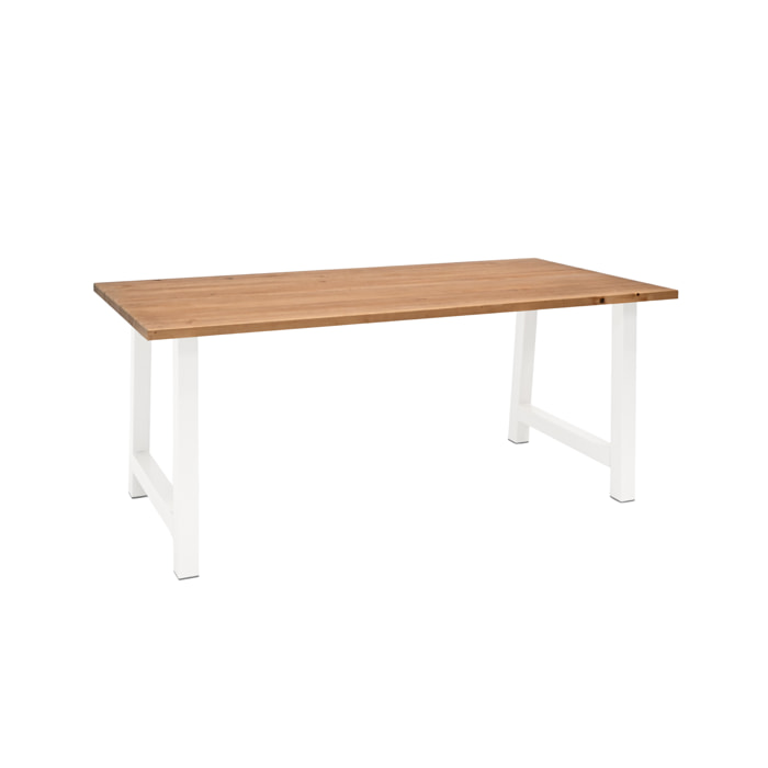 Table à manger en bois massif ton chêne foncé avec pieds en fer blanc de différentes tailles