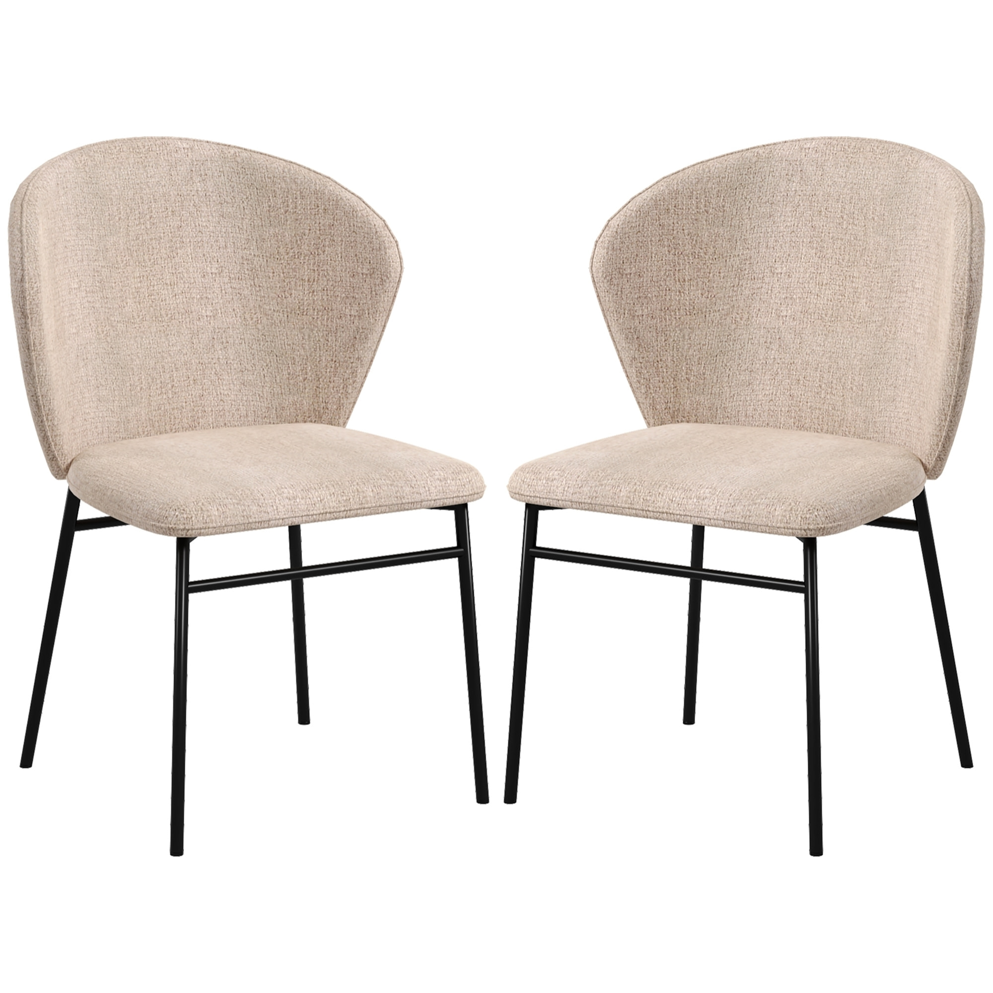 Lot de 2 chaises grand confort dossier enveloppant piètement acier noir revêtement tissu aspect lin marron clair