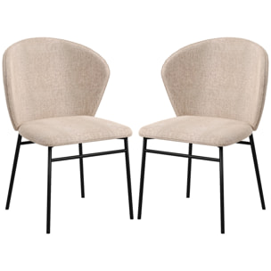 Lot de 2 chaises grand confort dossier enveloppant piètement acier noir revêtement tissu aspect lin marron clair