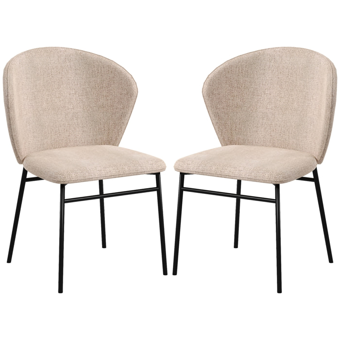 Lot de 2 chaises grand confort dossier enveloppant piètement acier noir revêtement tissu aspect lin marron clair