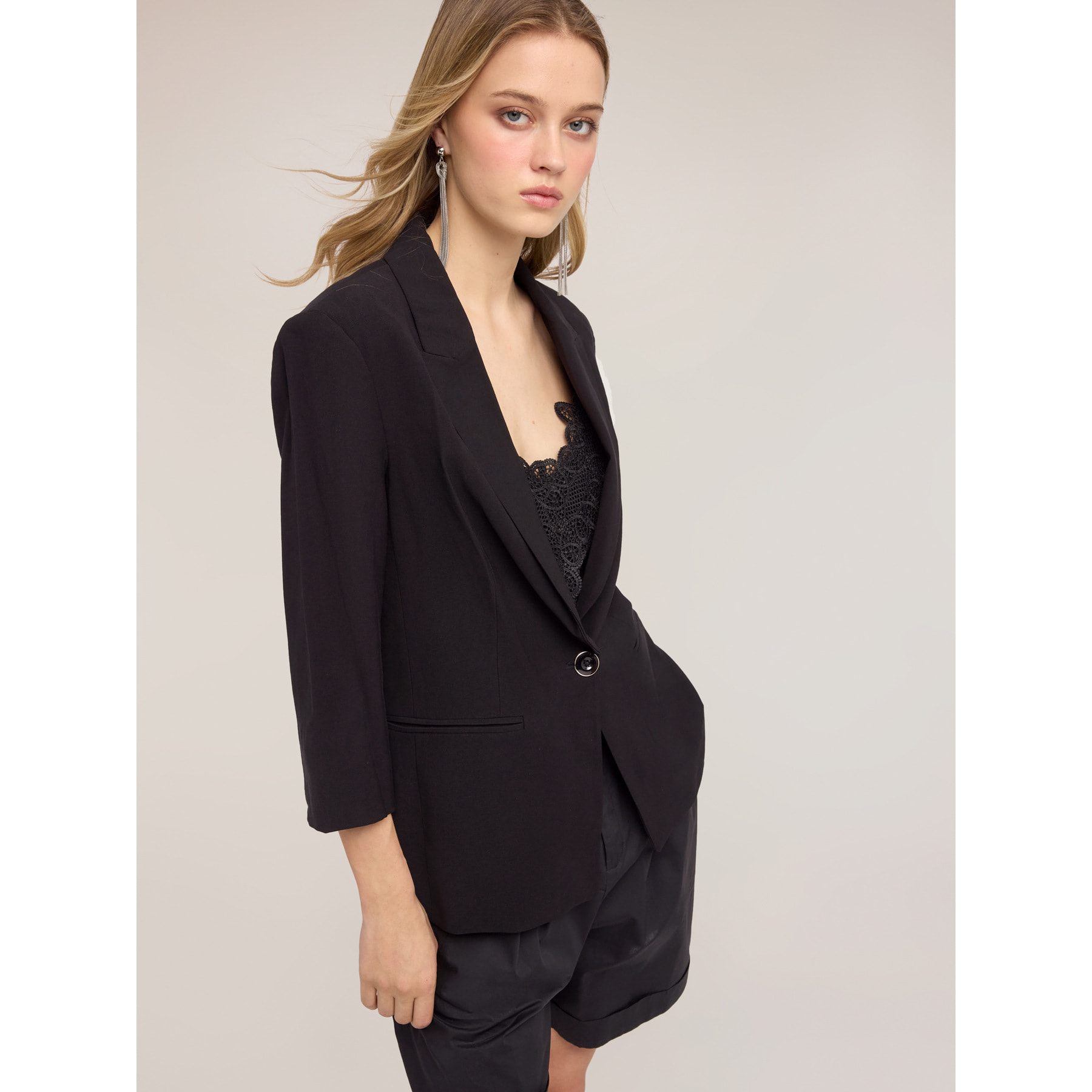 Motivi - Blazer monopetto in tencel con pizzo - Nero