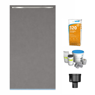 Receveur de douche à carreler 180 x 90 cm Wedi Fundo Riolito Neo + barrette de finition + bonde verticale + kit d'étanchéité + colle 320