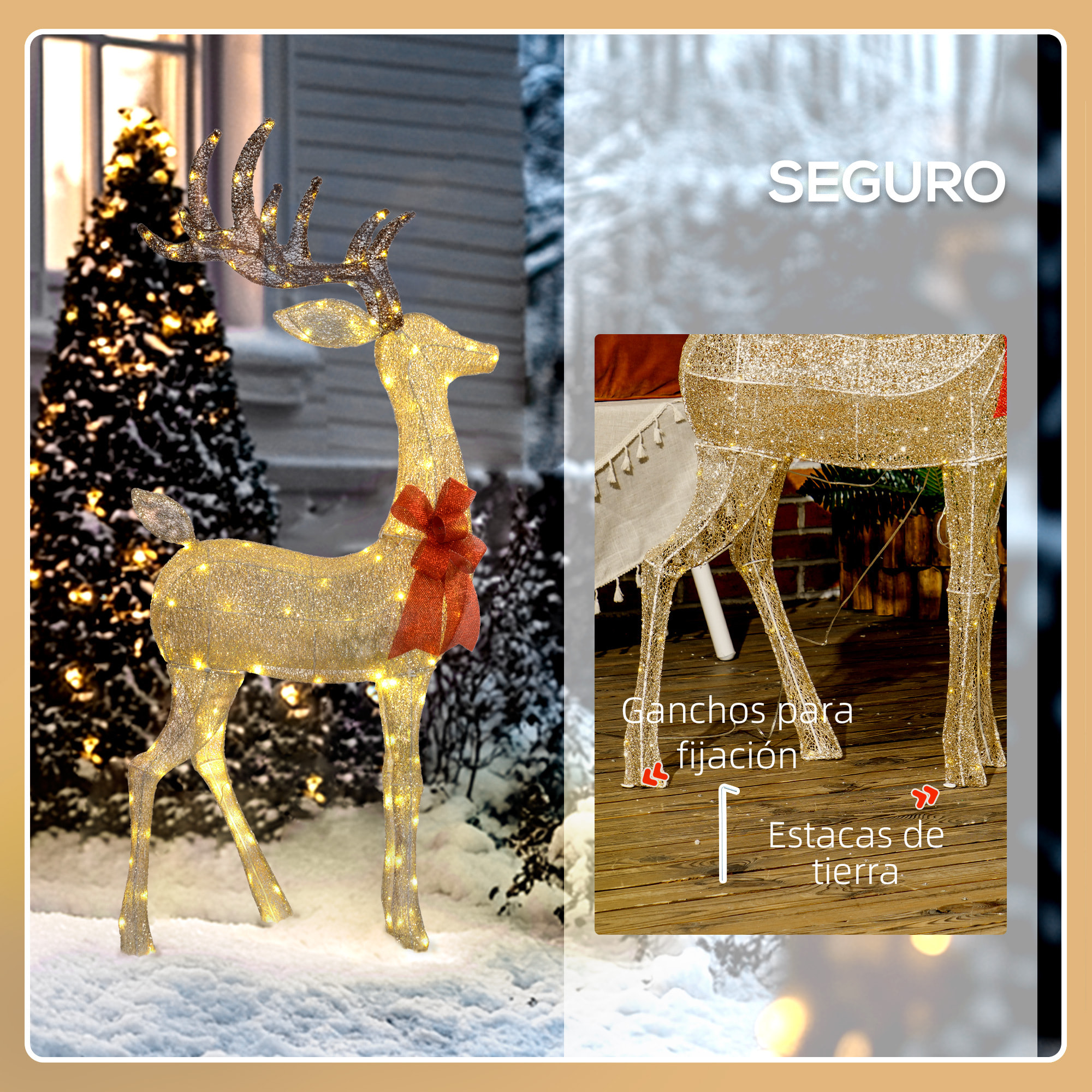 Reno Luminoso de Navidad, Decoración de Navidad con 137 LED Blanco Cálido, Illuminación Navideña para Interior, Exterior y Jardín, Dorado