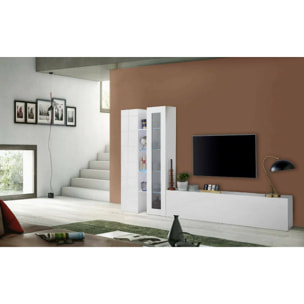 Parete attrezzata Dimitri, Set salotto porta TV a 3 ante, Mobile soggiorno multiuso con vetrina e luce LED, 100% Made in Italy, cm 280x30h180, Bianco lucido