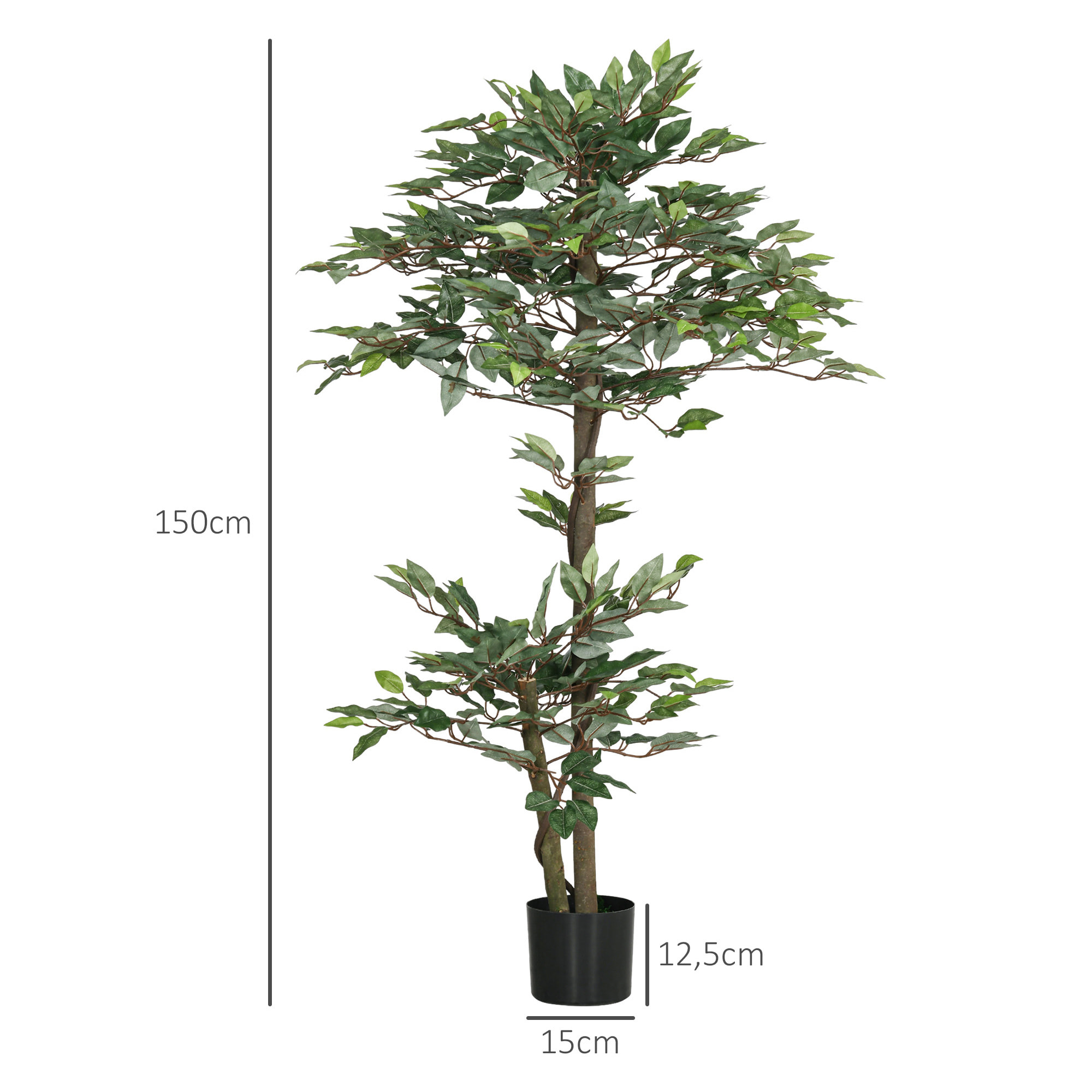 Ficus Artificial 150 cm Árbol Artificial en Maceta Decorativa para Interior Hogar Salón Oficina Ø15x150 cm Verde