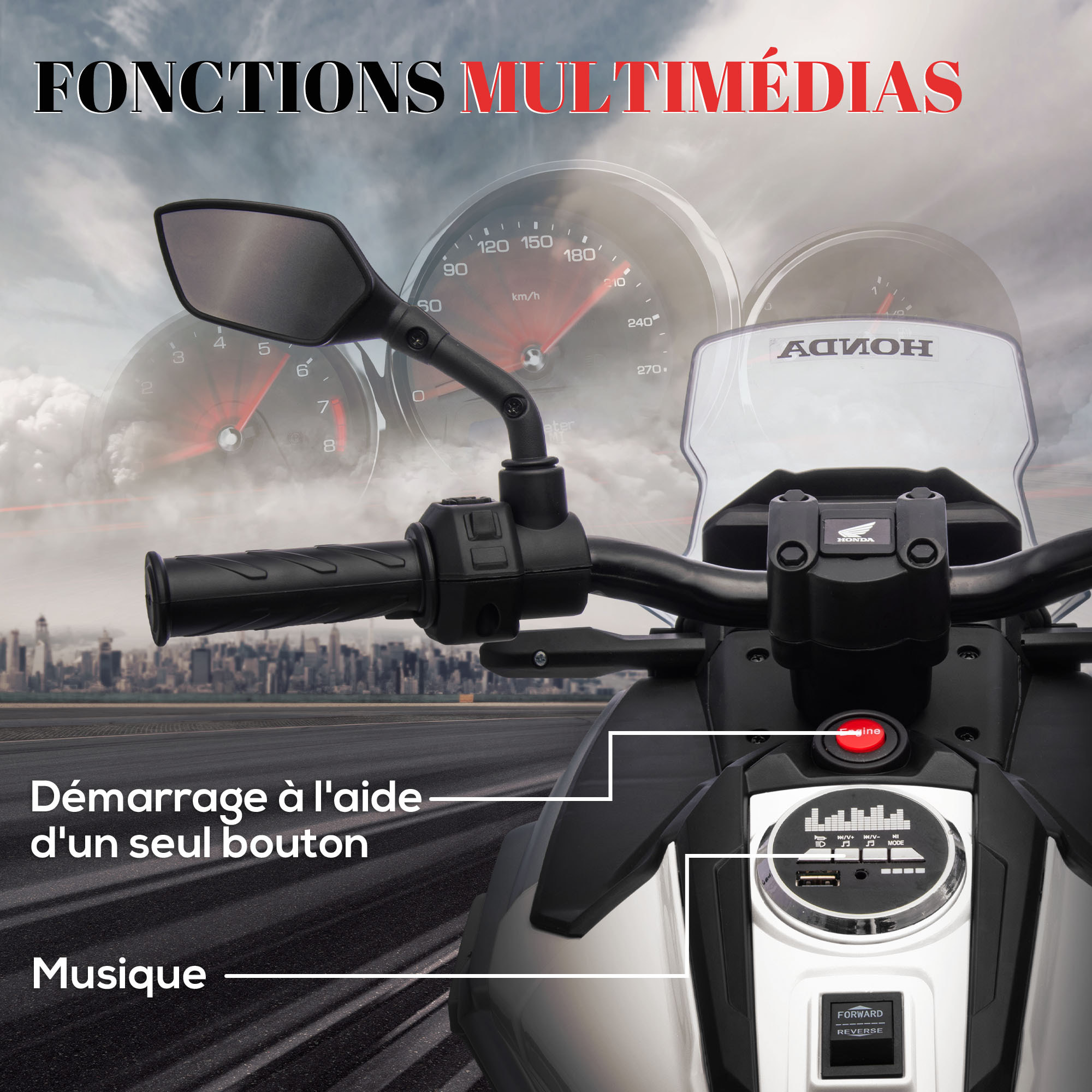 Moto électrique enfant Honda NC750x - musiques, feux AV LED, entrée USB MP3 jack - 2 roues support aux. - blanc