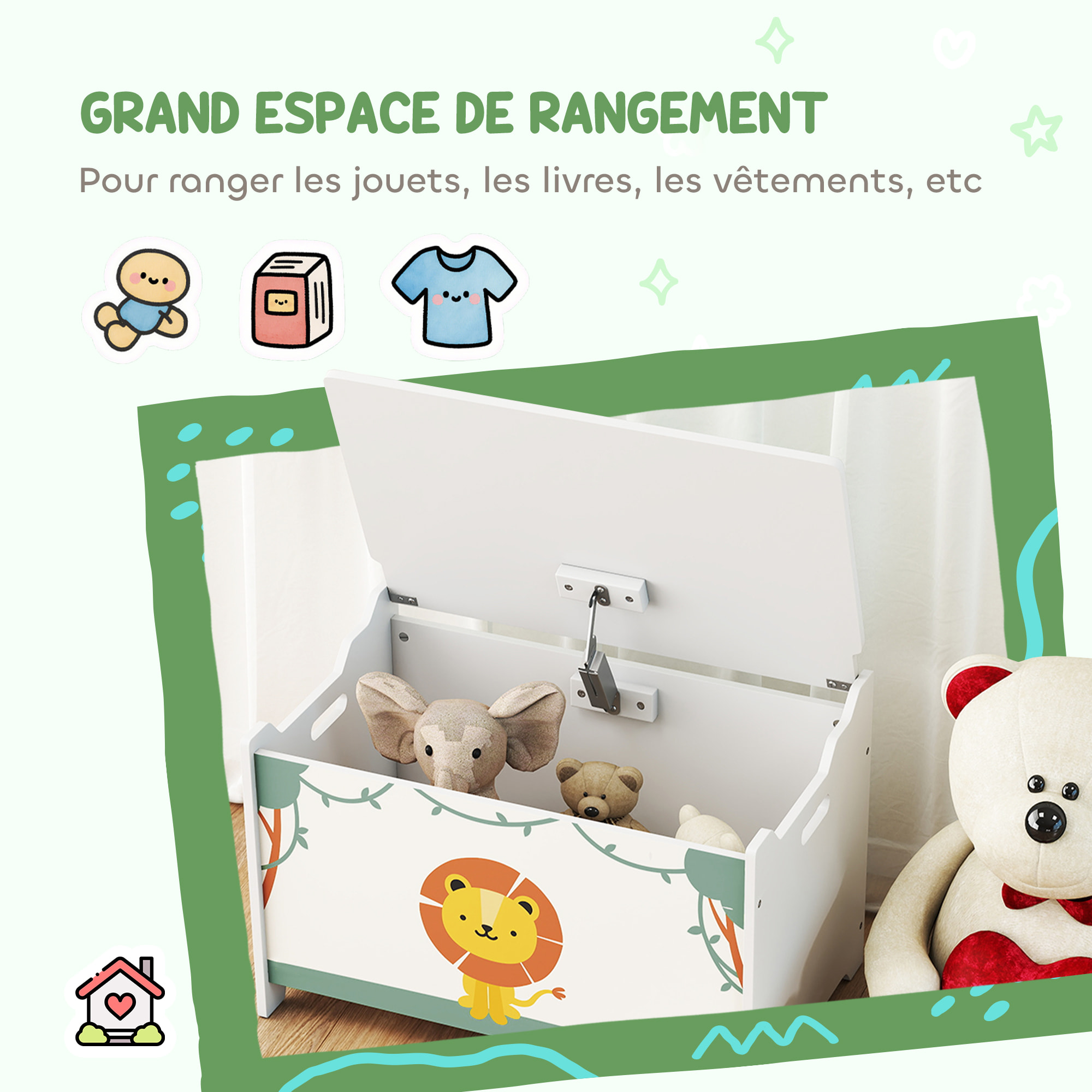 Coffre malle de rangement coffre à jouets design lion dim. 60L x 37l x 39H cm vérin pneumatique MDF vert